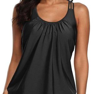 Yonique Womens Blouson Tankini Top  Loose Fit Swim Top Modest Tank Top sz S